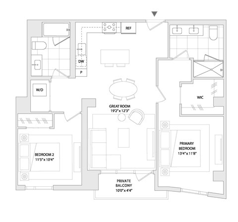 Floor plan for 2 beds, 2 baths, 1011 sqft